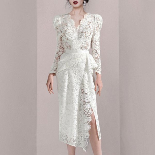 

llzacoosh autumn women v neck solid white long sleeve lace dress elegant split sheath office business dress 210514, Black;gray