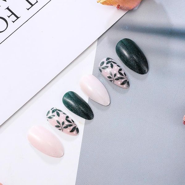 

24pcs/box leopard plant waterdrop fake nail women girls spring fashionable diy art patch wearing female beauty tool false nails, Red;gold