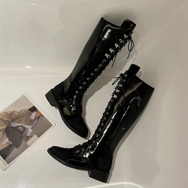 

boots 2021 winter long tube cross straps knee high chunky heels round toe patchwor fashion mujer knight, Black