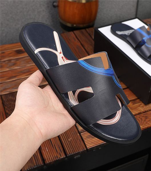

2021 summer new genuine leather sandals simple printing flat bottom men slippers, cowhide one line beach slippers zlh, Black