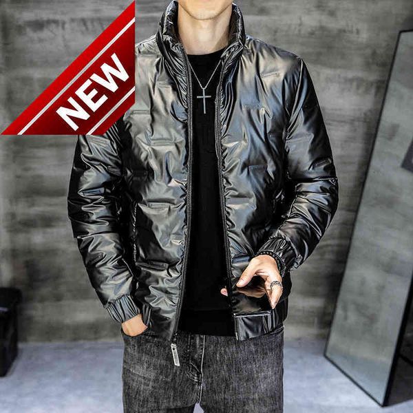 

light backlit men's jacket down short fashion handsome solid color thick warm white duck standing collar, Black