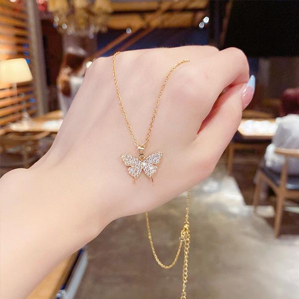 

pendant necklaces fashion butterfly zircon necklace for women exquisite gold chain stainless steel choker clavicle jewelry gift, Silver