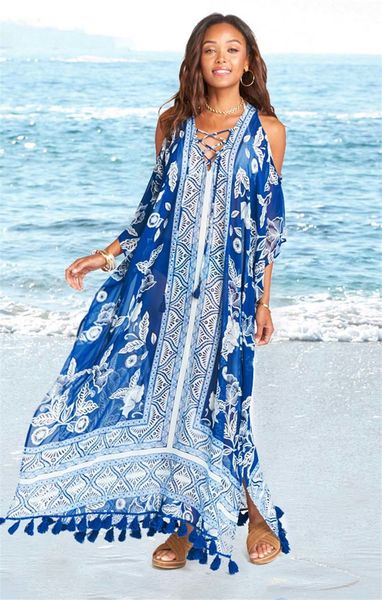

casual dresses open shoulder fringe long female print chiffon maxi es women lace up pareo large size swimwear mlv8, Black;gray