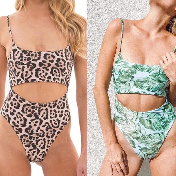 

one-piece suits summer high waist bikinis 2021 leaf print cut swimsuit leopard swimwear women push up bathing suit