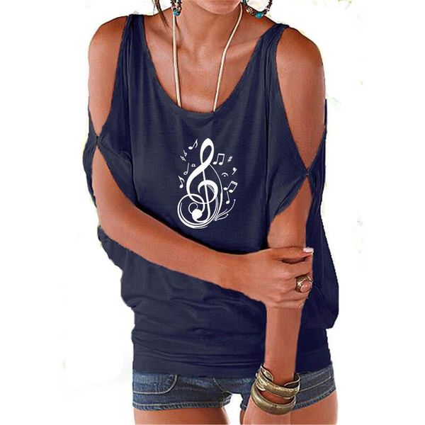 

women's t-shirt music note moon star cartoon print shirt female harajuku off shoulder summer sleeveless women lover gift hollow femme, White