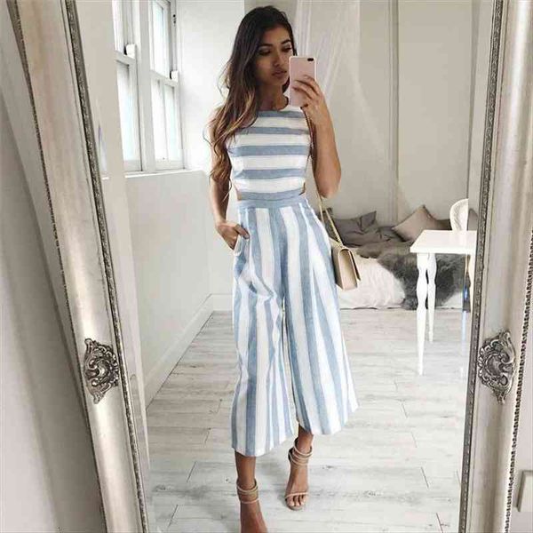 

casual office long wide leg womens rompers pants striped overalls sleeveless hollow out one piece clothes jumpsuit, Black;white