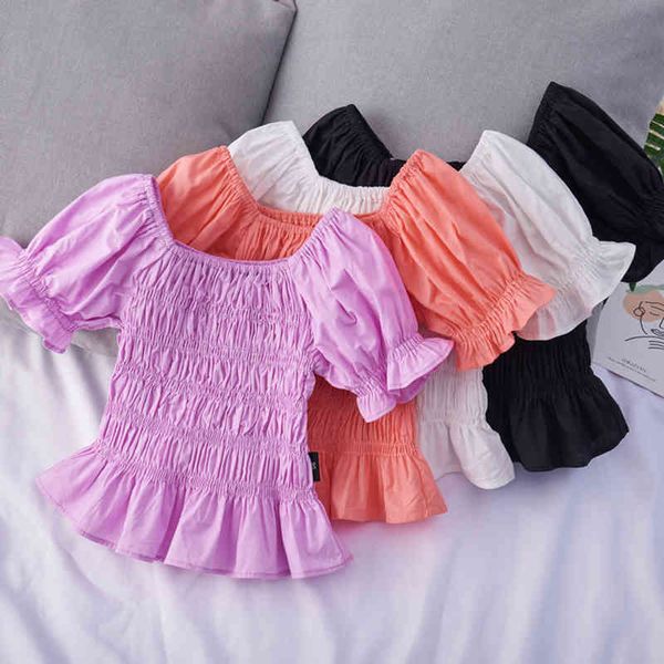 Estilo coreano Slow Sleeve Meninas Princesa Blusas Pure Color Bonito Crianças Tops Verão Crianças Plissadas Camisas Bebê Roupas 210515