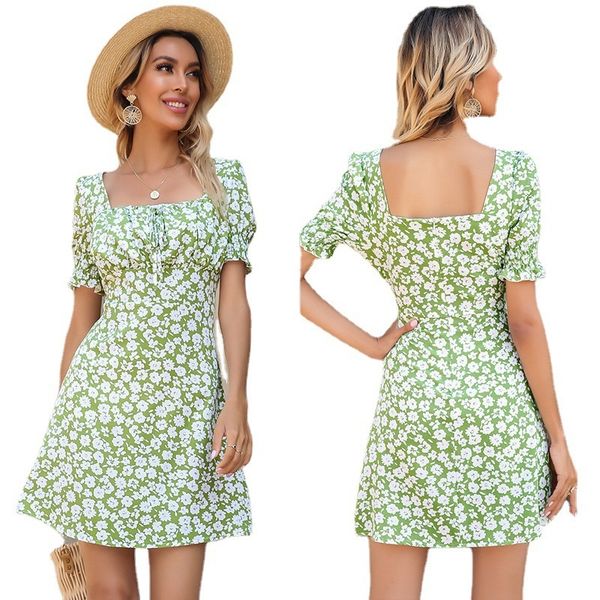 

charming dresses 2021 summer floral pleated lace up slim, Black;gray