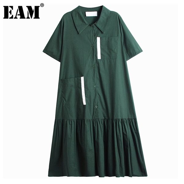 

[eam] women green pleated pocket irregular ruffles dress lapel short sleeve loose fit fashion spring summer 1dd7478 21512, Black;gray