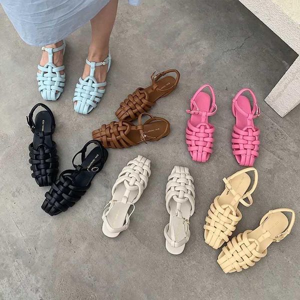 

sandals narrow band weaving gladiator women vintage square toe brand design summer elegant flat, Black