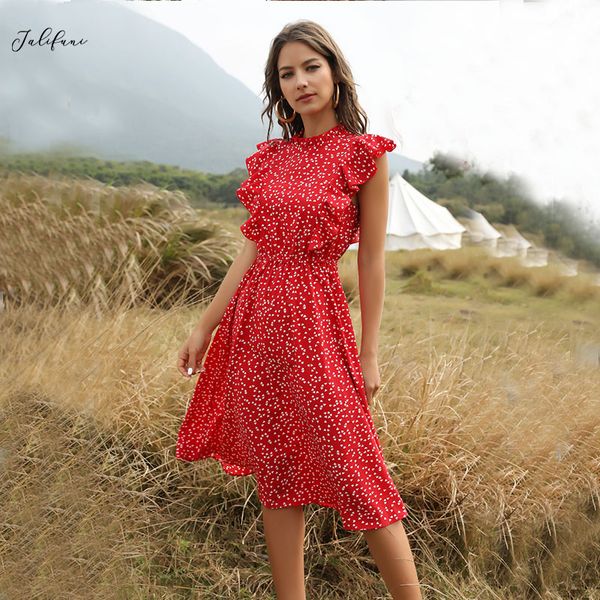 

2021butterfly sleeve dot print ruffles women summer dress lady fashion a line red chiffon dresses fitted clothes 2021 elegant vestid, Black;gray