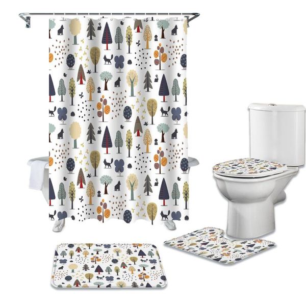 

plant tree bird forest cartoon shower curtain set for bathroom bath mat rug carpet toilet lid cover bathtub home decor gift curtains