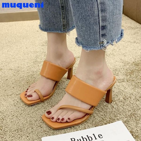 

soft pu leather narrow band square toe heels slippers sandals slip on stiletto shoes flip flops women, Black