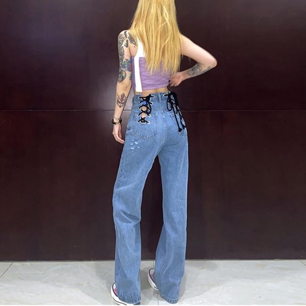 

girl tie jogger pants denim patchwork cross belt high waist slim trousers women bodycon bandage jeans pencil sweatpants women's, Blue