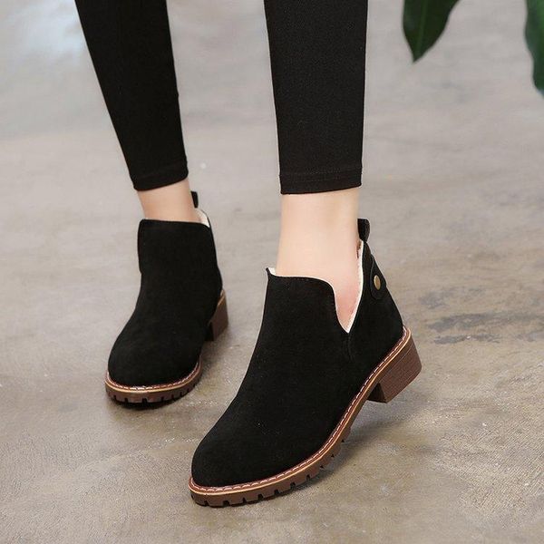 

boots women autumn winter closure slip-on flock classic snow ankle suede warm fur plush retro shoes, Black