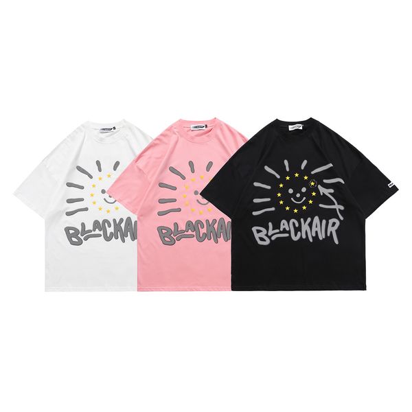 

fashion t shirt guochao reflective smiling face graffiti men's summer 2021 loose fitting women's half sleeve tee couple's rou, White;black
