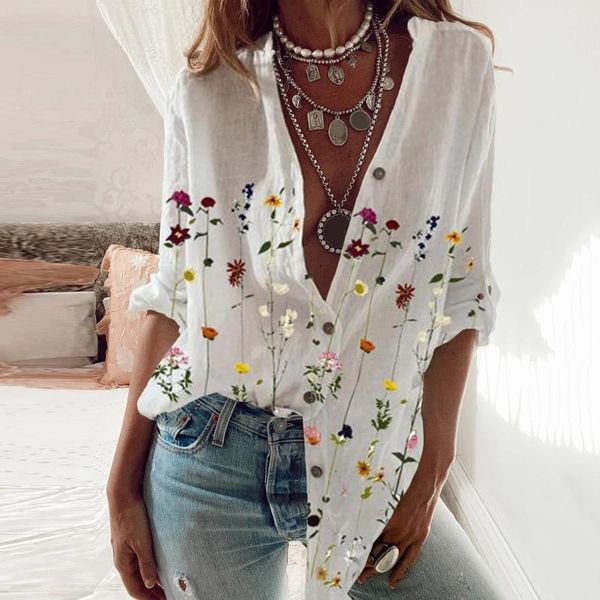 

women's blouses & shirts women shirt casual floral print turn-down collar button long roll sleeve blouse summer elegant plus size offic, White