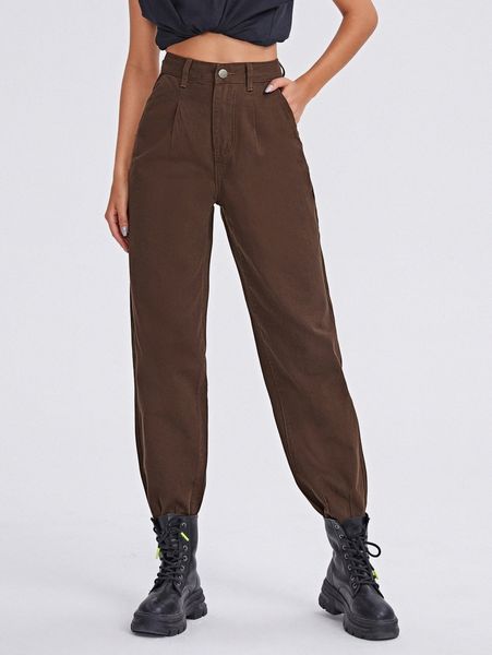 

high waist fold pleat mom jeans 248r#, Blue