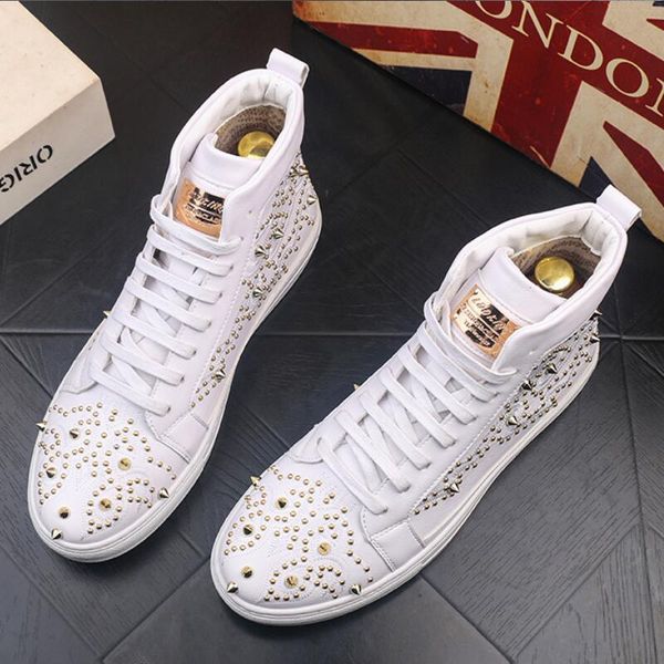 

new designer men's studded rivet spike rhinestone casual boots british man trending leisure shoes male black white b78