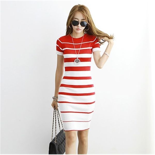 

korean dongdaemun women's spring and summer style bag hip slim striped knitted dress 210603, Black;gray