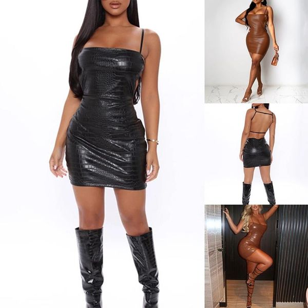 

spaghetti strap dress autumn open back fashion elegant pu leather mini short dresses casual, Black;gray