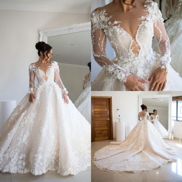 

2022 long sleeves ball gown wedding dresses bridal 3d floral applique handmade flowers beads scoop neck chapel train custom made arabic plus, White
