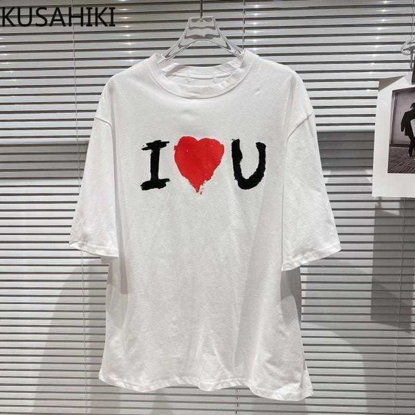 

kusahiki spring love heart letter printed tshirts causal short sleeve o-neck graphic tees women korean shirt 6e549 210602, White