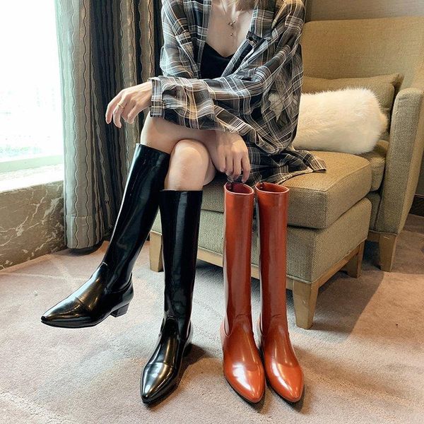 

boots fashion 2021 woman leather pointed toe ladies shoes casual party office career for women rain fall, Black