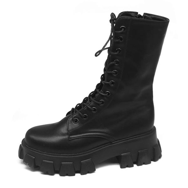 

boots lace up shoes round toe boots-women summer booties flat heel 2021 rock lolita fashion ladies, Black