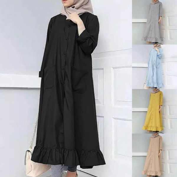 

casual dresses ruffle hem maxi dress solid color round neck with pocket loose belted muslim retro robe women beach vestido, Black;gray
