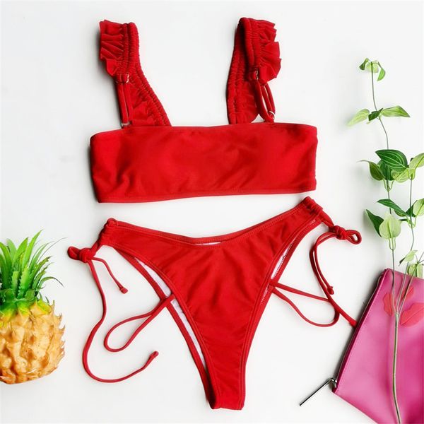 

red ruffled frilled bikini female swimsuit women swimwear two-pieces bikini set mid waist bather bathing suit swim k2429