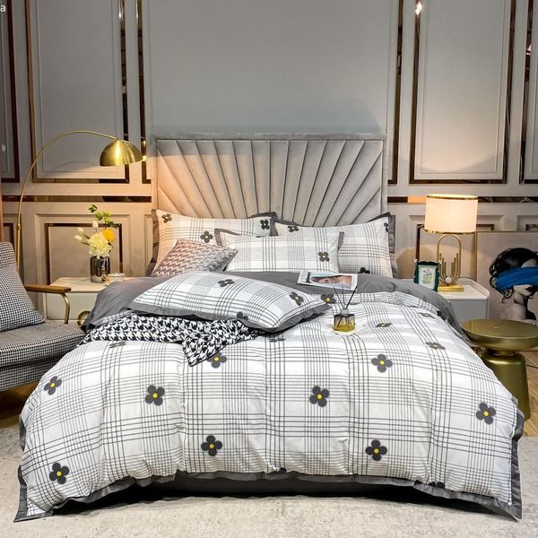 

bedding sets euro gray grid flower set pure cotton geometric stripes floral duvet cover bed linen calico comforter  king