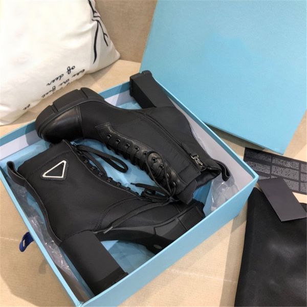 

luxury designer woman fashion boots leather and nylon fabric booties women ankle biker australia platform heels winter sneakers with box, Black