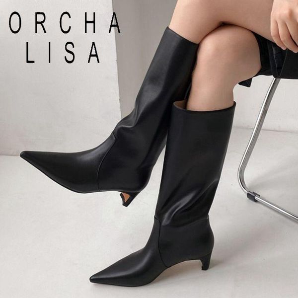 

boots 2021 brand women genuine leather winter fashion stiletto low heels pointed toe knee high, Black