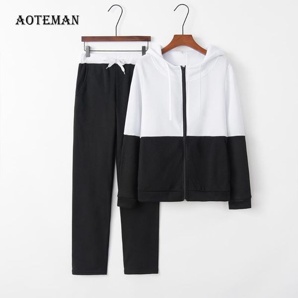 

two piece dress spring autumn women set 2021 casual pullover hoodies sweatshirt tracksuits oversize solid zipper hit color pants female, White