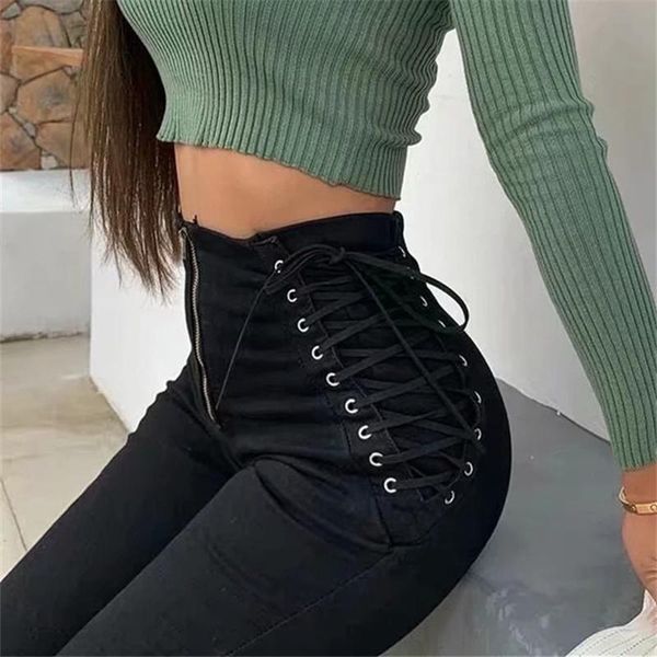 

women's jeans woman high waist lace up skinny denim pencil pants black femme women mujer pantalones taille haute, Blue