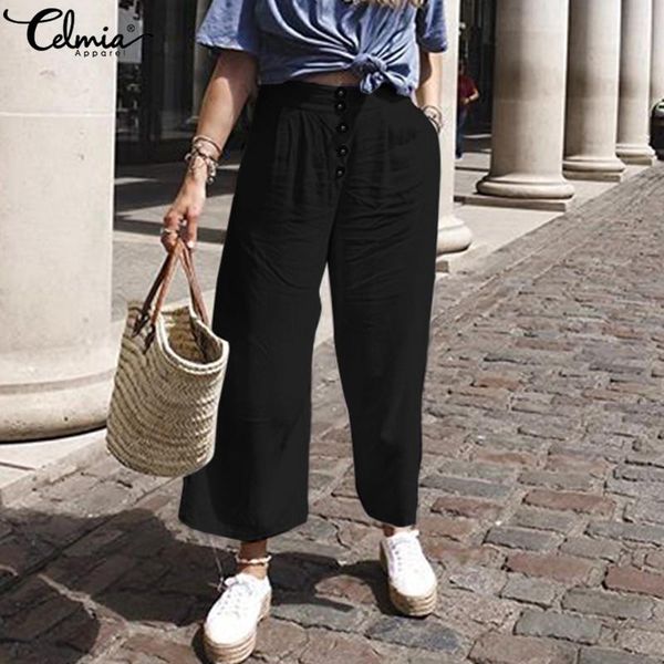 

women's pants & capris plus size womens loose longtrousers celmia fashion casual elastic waist solid cotton wide leg elegant bottoms wi, Black;white