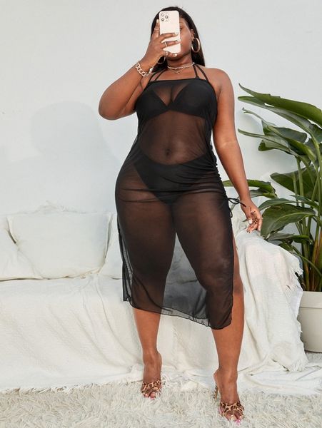 

3pack plus solid halter bikini swimsuit & split cover up 57fl#, Black
