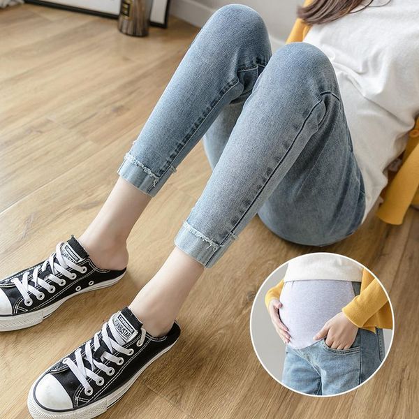 

8918# 2021 spring summer denim maternity jeans adjustable belly pencil pants clothes for pregnant women 9/10 pregnancy trousers bottoms, White