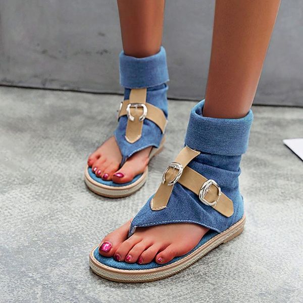 

women's sandals summer shoes women rome style solid open toe ladies denim flat 2021 sandalias, Black