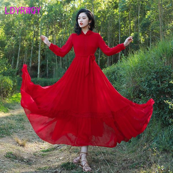 

casual dresses ldyrwqy 2021 spring and summer art retro red chiffon dress desert vacation swing zipper office lady, Black;gray