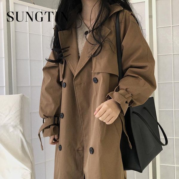 

women's trench coats sungtin chic sashes double breasted long women loose korean sleeve windbreaker fashion casual designer outwear bf, Tan;black
