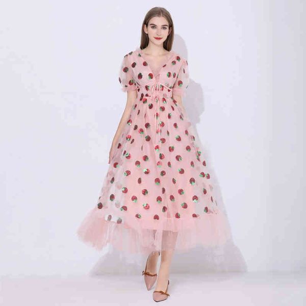 

sequins strawberry dress women vintage elegant party v neck puff sleeve floral mid mesh es 210515, Black;gray