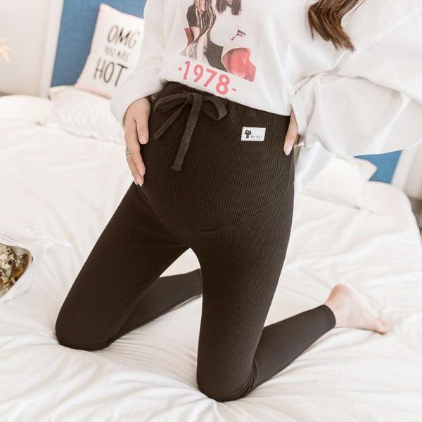 

knitted maternity drawstring leggings cat design striped pregnancy clothes high waist stretching women pregnant pencil pants bottoms, White