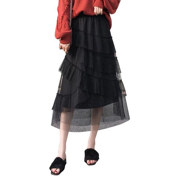 

ladies mesh skirt pleated half-dress slimming a-line lace 3-layered flowing tulle skirts, Black
