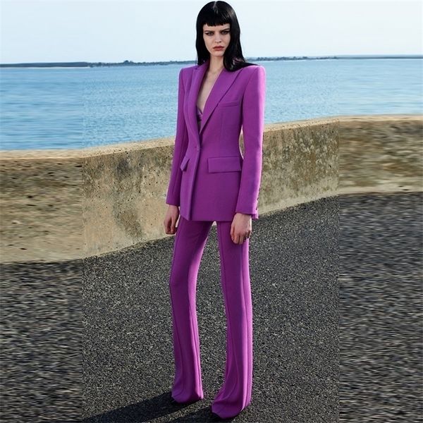 ALTA QUALITÀ est Runway Designer Suit Set da donna Blazer a bottone singolo Pantaloni svasati Viola fluorescente 220315