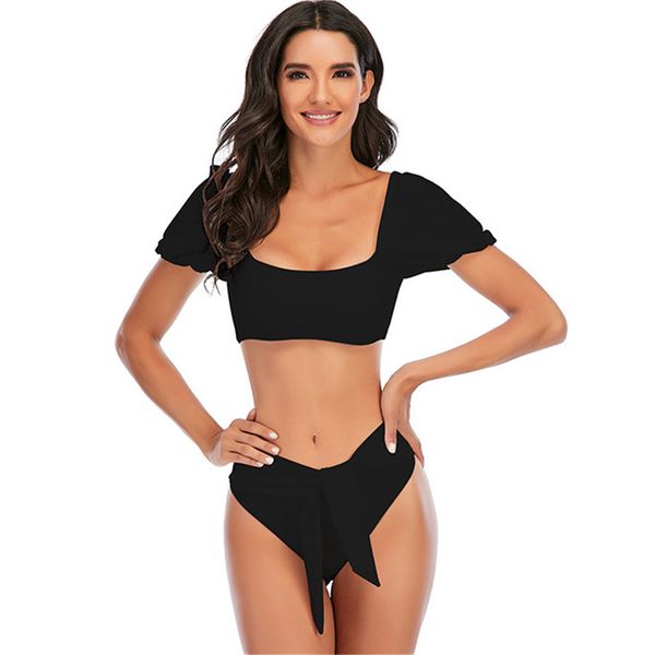 

high waist bikini backless swimwear women bubble sleeve bathing suit bandage swimsuit women 2 piece set monokini biquinis