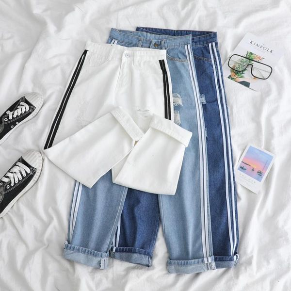 

women's jeans zoki spring harem high waist loose women ripped bf streetwear ankle-length pants striped cotton black denim trousers 2021, Blue