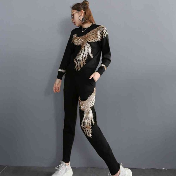 

jumpsuit autumn winter sequin 2 piece set women tracksuit long sleeve pants suit streetwear sparkly matching sets club outfits, Black;white