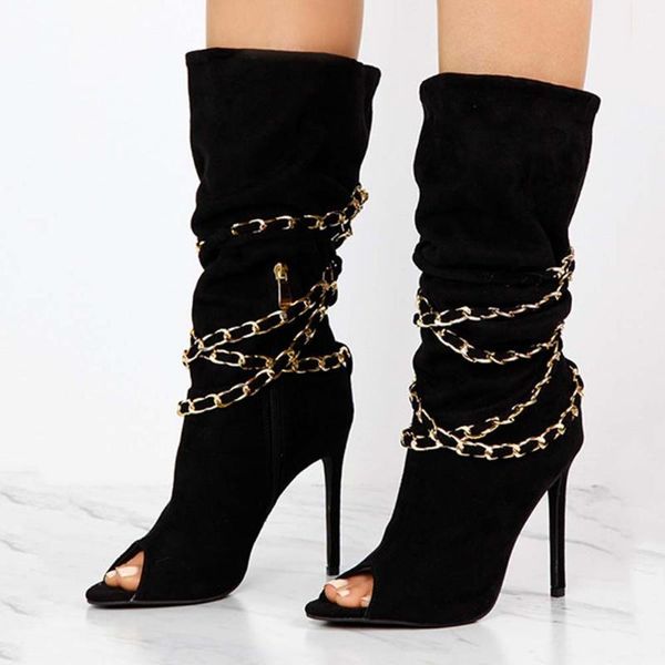 

ins female retro fashion chain open toe sandals high heels flock fringe party women clubwear shoes woman, Black